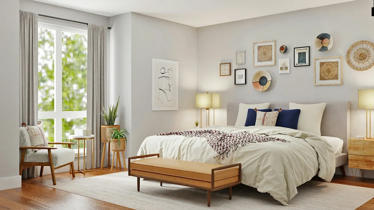 Light bedroom with layered bedding, wall art and a wooden bench