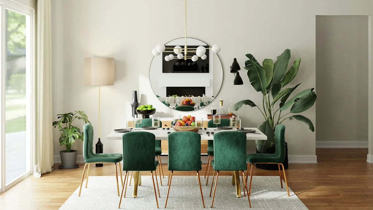 Dining table with green upholstered chairs and indoor plants