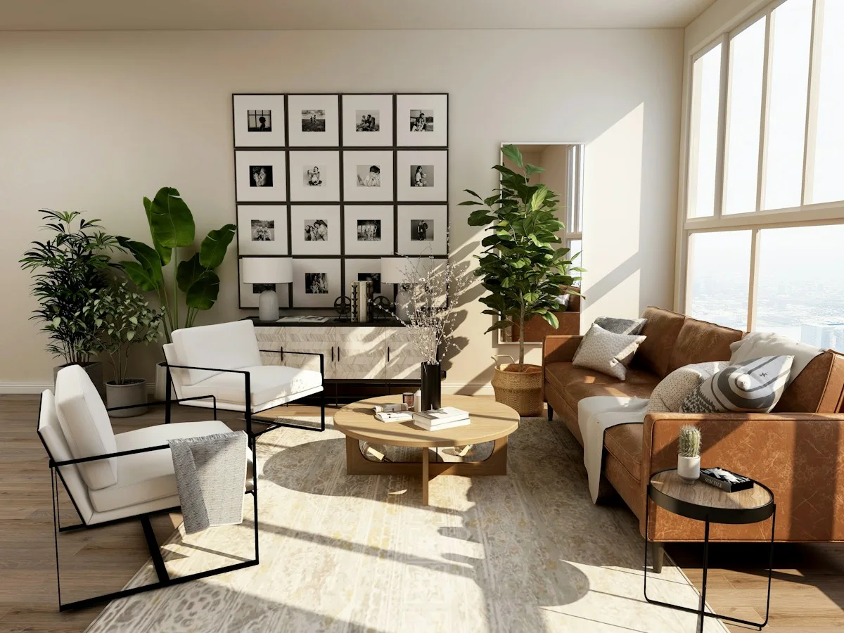 Sunlit living room with cream sofa, framed pictures and houseplants